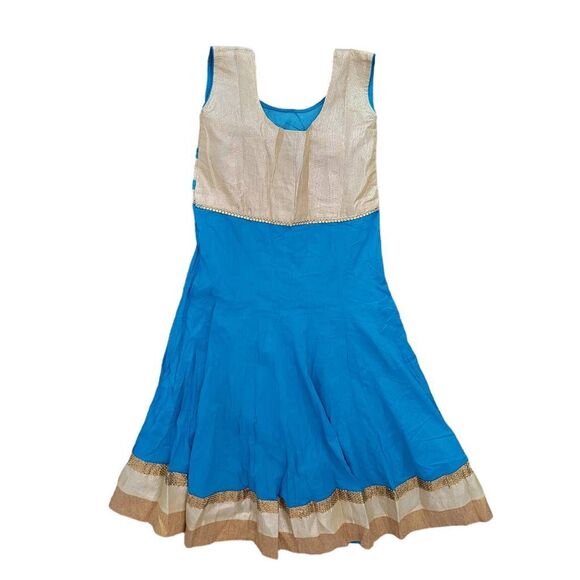 India Gold Border Sky Blue Turquoise Beads & Rhinestones Anarkali Long Dress - Picture 9 of 9